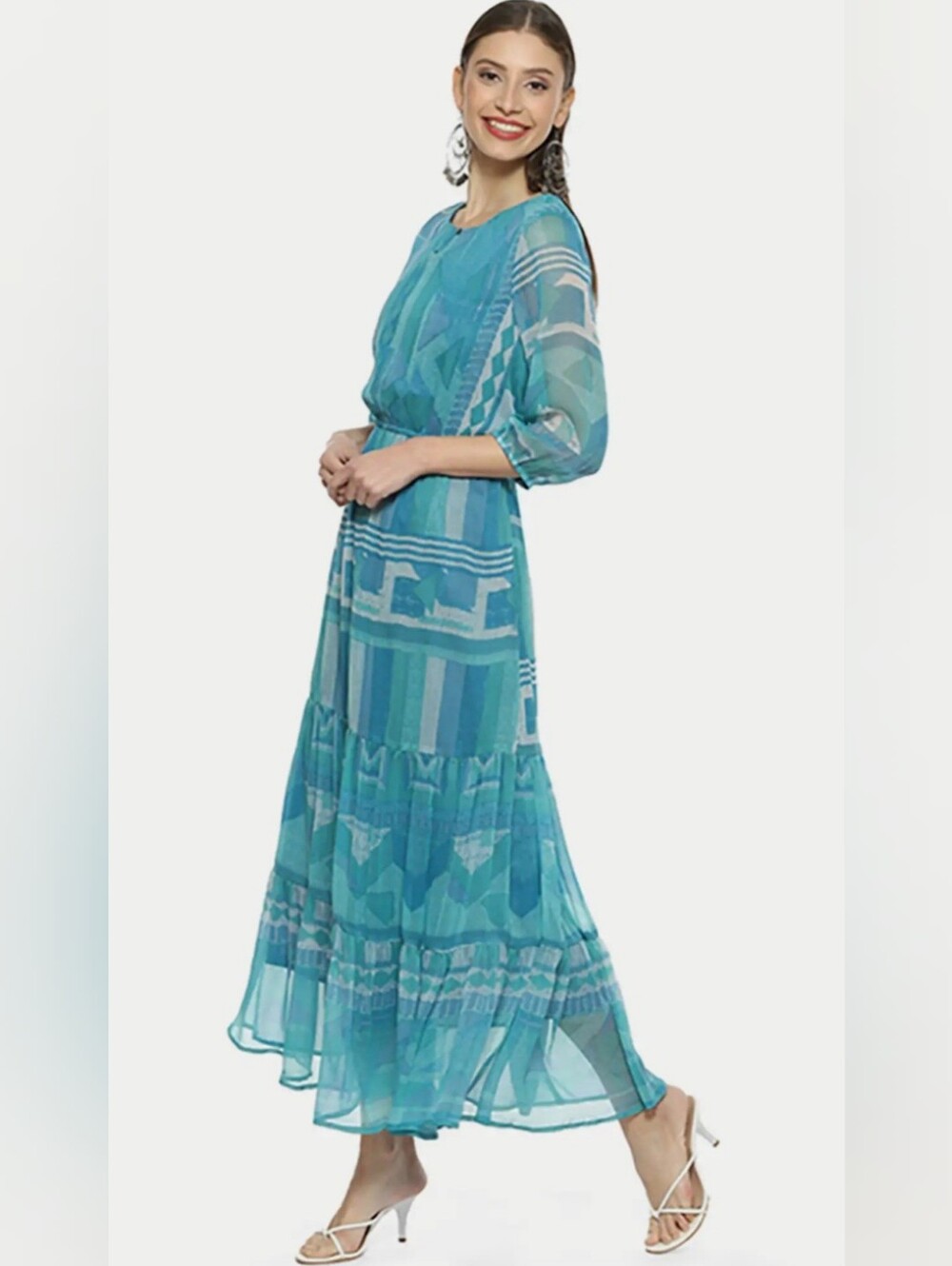 Biba Teal Geometric Print Maxi Dress